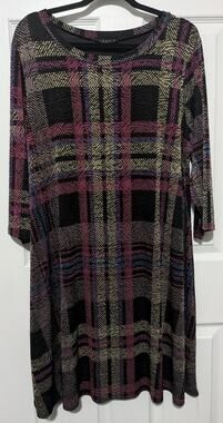 Tiana B. Plus Size 18W Plaid Knit Shift Dress 3/4 Sleeve Black Purple Gold EUC